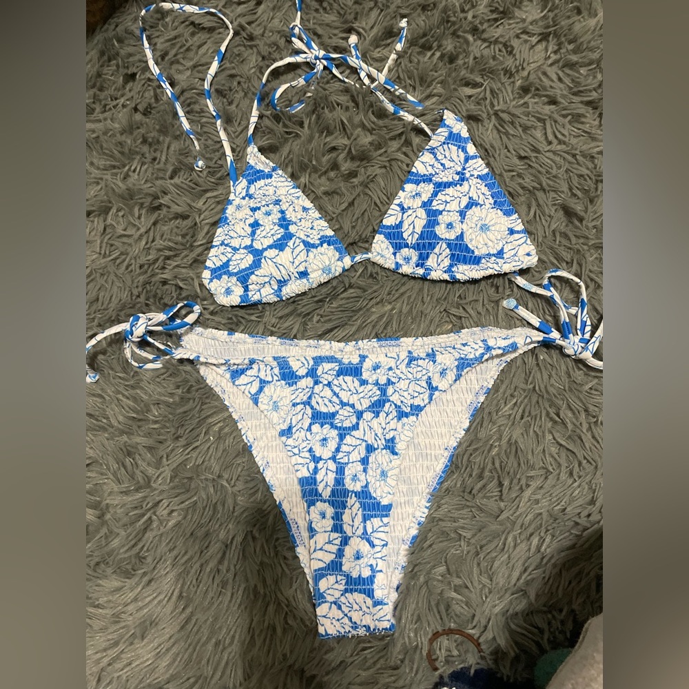 Blue and white string bikini